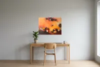 Tableau Abstrait Rouge 18 “Flamboyant”, peinture originale à l'huile par Régine Gardan, 80 × 60 cm, tableau rouge accroché dans un bureau