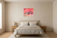 Tableau Abstrait Rouge 183 “Nuage”, peinture originale à l'huile par Régine Gardan, 60 × 50 cm, tableau rouge accroché dans une chambre