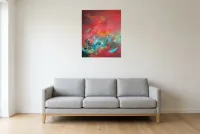 Tableau Abstrait Rouge 189 “Le Chemin”, peinture originale à l'huile par Régine Gardan, 60 × 73 cm, tableau rouge accroché dans un salon