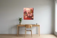 Tableau Abstrait Rouge 3 “Détachement”, peinture originale à l'huile par Régine Gardan, 60 × 73 cm, tableau rouge accroché dans un bureau