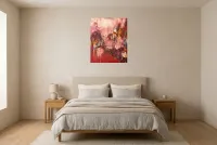 Tableau Abstrait Rouge 3 “Détachement”, peinture originale à l'huile par Régine Gardan, 60 × 73 cm, tableau rouge accroché dans une chambre