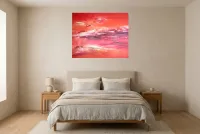 Tableau Abstrait Rouge 204 “Cardinal Rouge”, peinture originale à l'huile par Régine Gardan, 100 × 80 cm, tableau rouge accroché dans une chambre