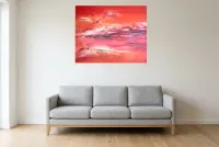 Tableau Abstrait Rouge 204 “Cardinal Rouge”, peinture originale à l'huile par Régine Gardan, 100 × 80 cm, tableau rouge accroché dans un salon