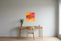 Tableau Abstrait Rouge 208 “Jaguar”, peinture originale à l'huile par Régine Gardan, 50 × 50 cm, tableau rouge accroché dans un bureau