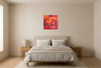 Tableau Abstrait Rouge 209 “Coquelicot”, peinture originale à l'huile par Régine Gardan, 50 × 50 cm, tableau rouge accroché dans une chambre