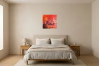Tableau Abstrait Rouge 212 “Vibrations”, peinture originale à l'huile par Régine Gardan, 50 × 50 cm, tableau rouge accroché dans une chambre