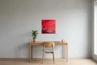 Tableau Abstrait Rouge 213 “Le Miroir”, peinture originale à l'huile par Régine Gardan, 50 × 50 cm, tableau rouge accroché dans un bureau