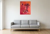 Tableau Abstrait Rouge 216 “Equis”, peinture originale à l'huile par Régine Gardan, 65 × 80 cm, tableau rouge accroché dans un salon