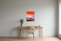 Tableau Abstrait Rouge 228 “Passiflore”, peinture originale à l'huile par Régine Gardan, 46 × 55 cm, tableau rouge accroché dans un bureau