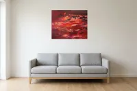 Tableau Abstrait Rouge 29 “Caverne”, peinture originale à l'huile par Régine Gardan, 80 × 65 cm, tableau rouge accroché dans un salon