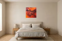 Tableau Abstrait Rouge 33 “Ombre”, peinture originale à l'huile par Régine Gardan, 60 × 60 cm, tableau rouge accroché dans une chambre