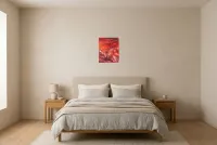 Tableau Abstrait Rouge 4 “Mars”, peinture originale à l'huile par Régine Gardan, 33 × 41 cm, tableau rouge accroché dans une chambre