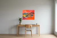 Tableau Abstrait Rouge 46 “Clairvoyance”, peinture originale à l'huile par Régine Gardan, 73 × 60 cm, tableau rouge accroché dans un bureau