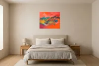 Tableau Abstrait Rouge 46 “Clairvoyance”, peinture originale à l'huile par Régine Gardan, 73 × 60 cm, tableau rouge accroché dans une chambre
