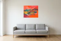 Tableau Abstrait Rouge 46 “Clairvoyance”, peinture originale à l'huile par Régine Gardan, 73 × 60 cm, tableau rouge accroché dans un salon