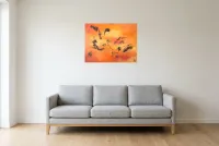 Tableau Abstrait Rouge 47 “Envol”, peinture originale à l'huile par Régine Gardan, 73 × 55 cm, tableau rouge accroché dans un salon