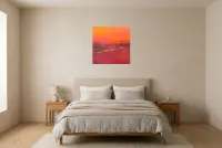 Tableau Abstrait Rouge 61 “Champ”, peinture originale à l'huile par Régine Gardan, 60 × 60 cm, tableau rouge accroché dans une chambre