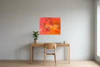 Tableau Abstrait Rouge 62 “Explosion”, peinture originale à l'huile par Régine Gardan, 73 × 60 cm, tableau rouge accroché dans un bureau