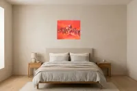 Tableau Abstrait Rouge 69 “Challenge”, peinture originale à l'huile par Régine Gardan, 60 × 50 cm, tableau rouge accroché dans une chambre