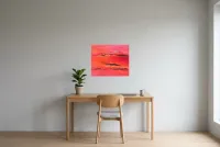 Tableau Abstrait Rouge 70 “Le Passage”, peinture originale à l'huile par Régine Gardan, 60 × 50 cm, tableau rouge accroché dans un bureau