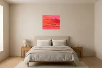 Tableau Abstrait Rouge 70 “Le Passage”, peinture originale à l'huile par Régine Gardan, 60 × 50 cm, tableau rouge accroché dans une chambre