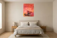 Tableau Abstrait Rouge 72 “Fiesta”, peinture originale à l'huile par Régine Gardan, 65 × 80 cm, tableau rouge accroché dans une chambre