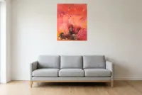 Tableau Abstrait Rouge 72 “Fiesta”, peinture originale à l'huile par Régine Gardan, 65 × 80 cm, tableau rouge accroché dans un salon