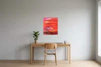 Tableau Abstrait Rouge 85 “Crépuscule”, peinture originale à l'huile par Régine Gardan, 50 × 60 cm, tableau rouge accroché dans un bureau