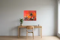 Tableau Abstrait Rouge 87 “Throne de Feu”, peinture originale à l'huile par Régine Gardan, 73 × 60 cm, tableau rouge accroché dans un bureau