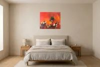 Tableau Abstrait Rouge 87 “Throne de Feu”, peinture originale à l'huile par Régine Gardan, 73 × 60 cm, tableau rouge accroché dans une chambre