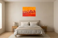 Tableau Abstrait Rouge 94 “Faune et Flore”, peinture originale à l'huile par Régine Gardan, 80 × 60 cm, tableau rouge accroché dans une chambre
