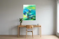 Tableau Abstrait Vert 117 “Aigle”, peinture originale à l'huile par Régine Gardan, 73 × 93 cm, tableau vert accroché dans un bureau