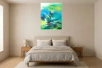 Tableau Abstrait Vert 117 “Aigle”, peinture originale à l'huile par Régine Gardan, 73 × 93 cm, tableau vert accroché dans une chambre