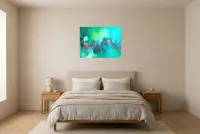 Tableau Abstrait Vert 158 “Poésie Naturelle”, peinture originale à l'huile par Régine Gardan, 73 × 55 cm, tableau vert accroché dans une chambre