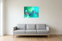 Tableau Abstrait Vert 158 “Poésie Naturelle”, peinture originale à l'huile par Régine Gardan, 73 × 55 cm, tableau vert accroché dans un salon
