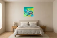Tableau Abstrait Vert 187 “Temple Naturel”, peinture originale à l'huile par Régine Gardan, 60 × 60 cm, tableau vert accroché dans une chambre
