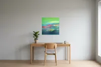 Tableau Abstrait Vert 191 “Galice”, peinture originale à l'huile par Régine Gardan, 60 × 60 cm, tableau vert accroché dans un bureau