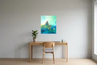 Tableau Abstrait Vert 192 “Apesanteur”, peinture originale à l'huile par Régine Gardan, 55 × 65 cm, tableau vert accroché dans un bureau