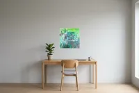 Tableau Abstrait Vert 207 “Marécage”, peinture originale à l'huile par Régine Gardan, 50 × 50 cm, tableau vert accroché dans un bureau