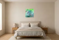 Tableau Abstrait Vert 207 “Marécage”, peinture originale à l'huile par Régine Gardan, 50 × 50 cm, tableau vert accroché dans une chambre