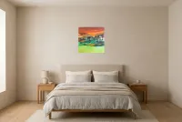 Tableau Abstrait Vert 211 “Horizon”, peinture originale à l'huile par Régine Gardan, 50 × 50 cm, tableau vert accroché dans une chambre