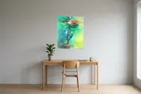 Tableau Abstrait Vert  30 “Tornade”, peinture originale à l'huile par Régine Gardan, 65 × 80 cm, tableau vert accroché dans un bureau