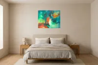 Tableau Abstrait Vert 31 “Destinée”, peinture originale à l'huile par Régine Gardan, 80 × 65 cm, tableau vert accroché dans une chambre