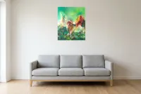 Tableau Abstrait Vert 51 “Rayon d’Espoir”, peinture originale à l'huile par Régine Gardan, 60 × 73 cm, tableau vert accroché dans un salon