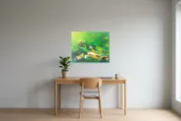 Tableau Abstrait Vert 64 “Plénitude”, peinture originale à l'huile par Régine Gardan, 73 × 60 cm, tableau vert accroché dans un bureau
