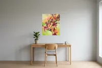 Tableau Abstrait Vert 90 “Arbre De Vie”, peinture originale à l'huile par Régine Gardan, 60 × 73 cm, tableau vert accroché dans un bureau