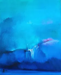 Tableau Abstrait Bleu 184 “Abysse”, peinture originale à l'huile par Régine Gardan, 50 × 60 cm. Un tableau bleu peint à la main.