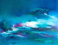 Tableau Abstrait Bleu 135 “Aurore Australe”, peinture originale à l'huile par Régine Gardan, 91 × 73 cm. Un tableau bleu peint à la main.