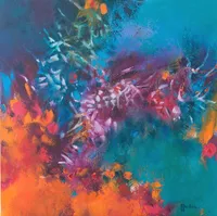 Tableau Abstrait Bleu 106 “Corail”, peinture originale à l'huile par Régine Gardan, 50 × 50 cm. Un tableau bleu peint à la main.