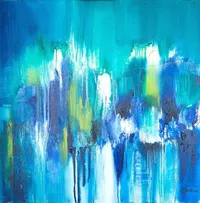 Tableau Abstrait Bleu 163 ” Ère glaciaire”, peinture originale à l'huile par Régine Gardan, 60 × 60 cm. Un tableau bleu peint à la main.
